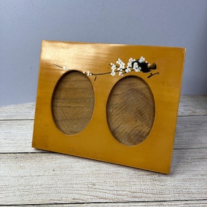 Unusual Vintage Double Photo Frame, Oriental, Bamboo, Hand Painted Flowers, Blossom