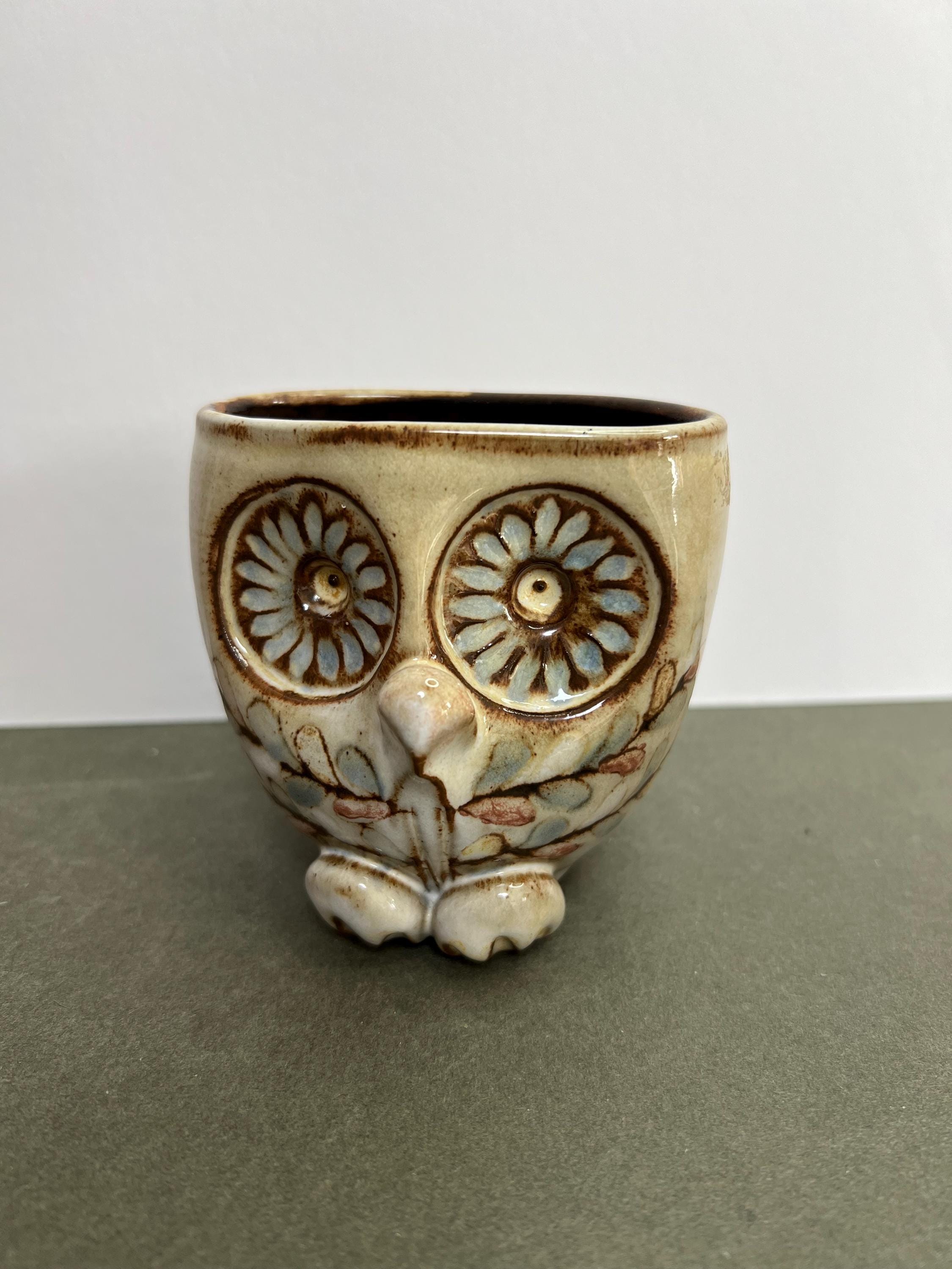 Vintage French Art Pottery Owl Posy Vase, Pot, Signed Nadine Bailly