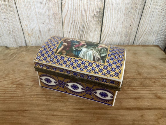 Vintage Porcelain Trinket Box Blue and Gold Classical Scene - Etsy UK