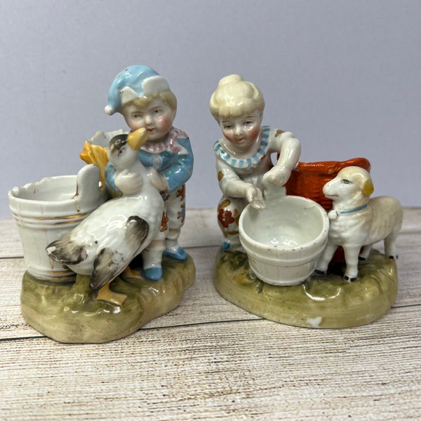 Antique Porcelain Match Holders with Striker, Figurines, Boy with Goose, Lady with Sheep, German?