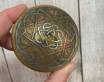 Vintage Cairo Ware Circular Brass Trinket Box, Inlaid Silver Vintage Cairo Ware Circular Brass Trinket Box, Inlaid Silver