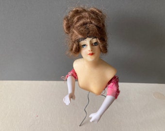 Vintage, Antique Wax on Plaster Boudoir Doll Head and Porcelain Arms, KaRoy, Brown Hair, blue eyes