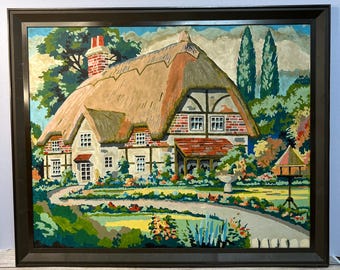 Vintage 50’s Paint by Numbers Completed Picture Kit, English Country Cottage with Garden