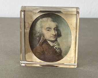 Antique Square Bevelled Glass & Print Paperweight, Robespierre?