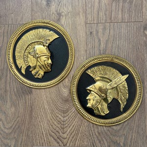 Vintage Pair Brass Repousse Wall Plaques, Classical Warriors, Greek, Roman Helmets
