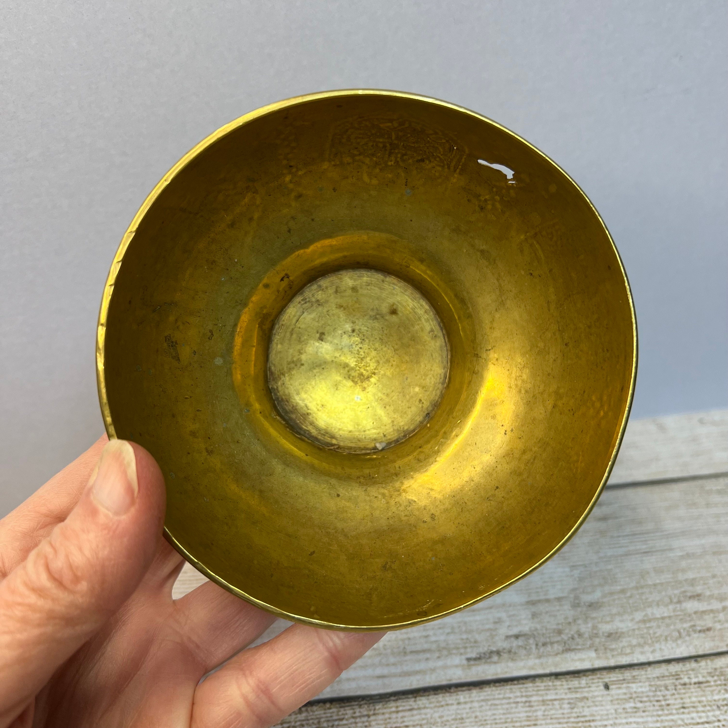 Vintage Cairo Ware Brass Bowl, Inlaid Silver and Copper