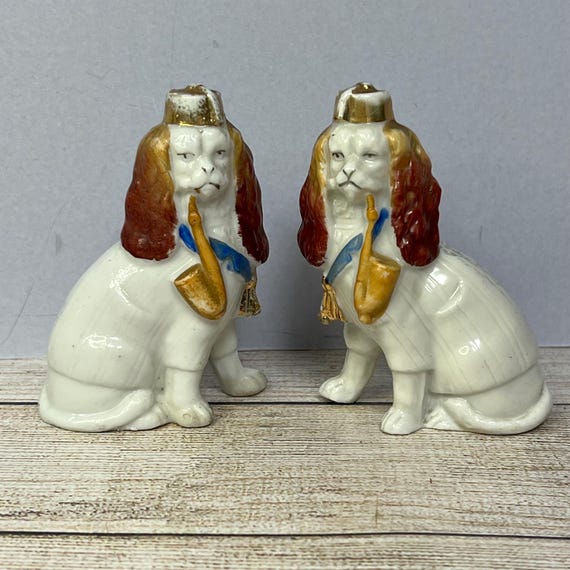 Antique Staffordshire Pottery Style Wally Dogs in Fez Caps, Smoking Pipes,  Pair King Charles Spaniel Figurines