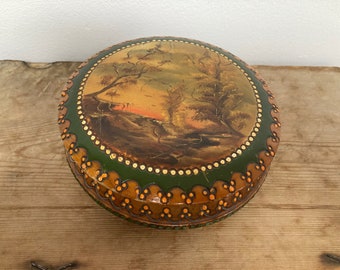 Vintage Hand Painted Russian, Eastern European Wooden Trinket Box, Circular, Autumn Trees, Sunset and Birds