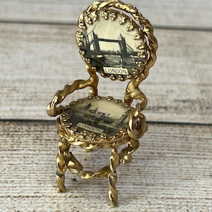 Vintage Miniatur Stuhl, Souvenir von London mit Fotografien, Tower Bridge, Big Ben