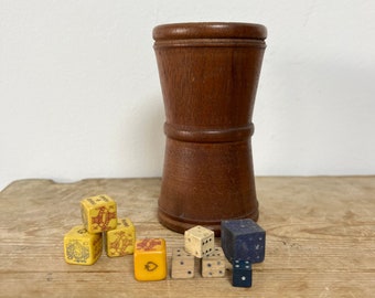 Vintage Turned Wooden Dice Shaker and Assortment of Dice - plastic, wood