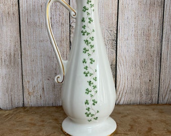 Vintage Royal Tara Irish Porcelain Tall Ewer Jug Posy, Specimen Vase, Green Shamrocks