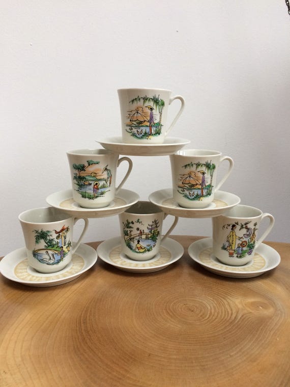 Vintage Mid Century Set 6 Villeroy & Boch, Luxembourg Porcelain Demitasse Coffee Cups and Saucers - modernist Chinese scenes