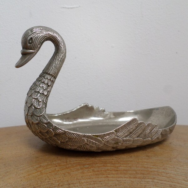 Vintage Silver Metal Swan Trinket Tray,Ring Dish or Business Card Holder - detailed feathers,unusual and elegant,for vanity,desk