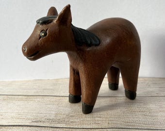 Vintage Carved Wooden Donkey, Horse Figurine, Naive Folk Art
