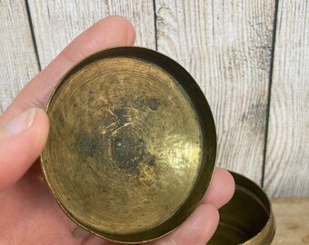 Vintage Cairo Ware Circular Brass Trinket Box, Inlaid Silver Vintage Cairo Ware Circular Brass Trinket Box, Inlaid Silver