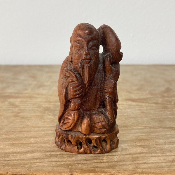 Figura de madera tallada china vintage, Shou Lao, Dios de la longevidad, con murciélago