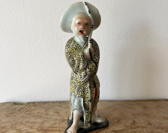 Vintage Chinese, Oriental Porcelain Figurine, Man with Carp Fish, Hand Painted Yellow Robes