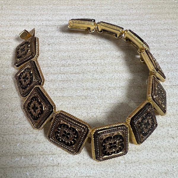 Vintage Victorian Gothic Revival Black and Gold ‘Carved’ Glass Panel Bracelet