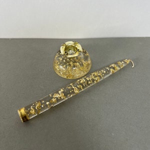 Vintage Lindberg USA Lucite Candle with Gold Leaf Confetti Inclusions with Matching Domed Holder