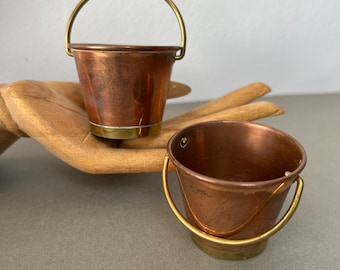 Vintage Pair Miniature Copper and Brass Trim Buckets, Pails, with Handles, for toothpicks?