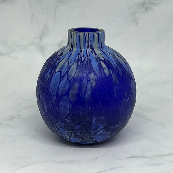 Vintage Art Glass Spherical Globular Vase, Cased Blue Trails