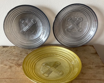 Three Vintage Moulded, Pressed Glass Bowls, ‘Sew Through’ Button Decoration, Gold and Antique Silver Finish