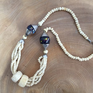 Vintage Tribal, Ethnic Carved Cow Bone & Large Confetti Glass Bead Necklace -  Venetian &#39;Trade&#39; Bead