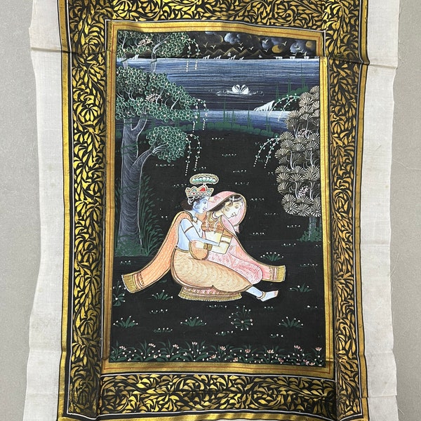 Vintage Indian Painting on Silk, Hindu God, Goddess, Krishna and Radha