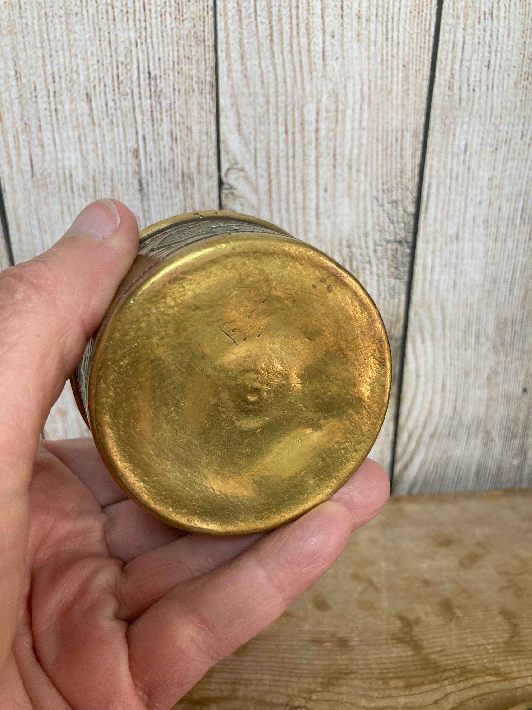 Vintage Cairo Ware Circular Brass Trinket Box, Inlaid Silver Vintage Cairo Ware Circular Brass Trinket Box, Inlaid Silver