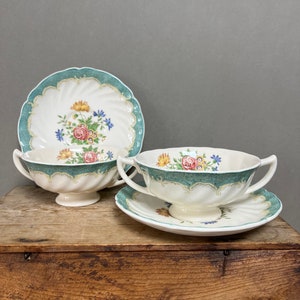 Pair Vintage Royal Doulton ‘Kingswood’  Soup Bowls & Saucers, Floral Decoration with Green Band