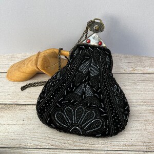 Vintage Art Nouveau Revival Beaded Evening Bag, Cocktail Purse, Black, Unusual Clasp