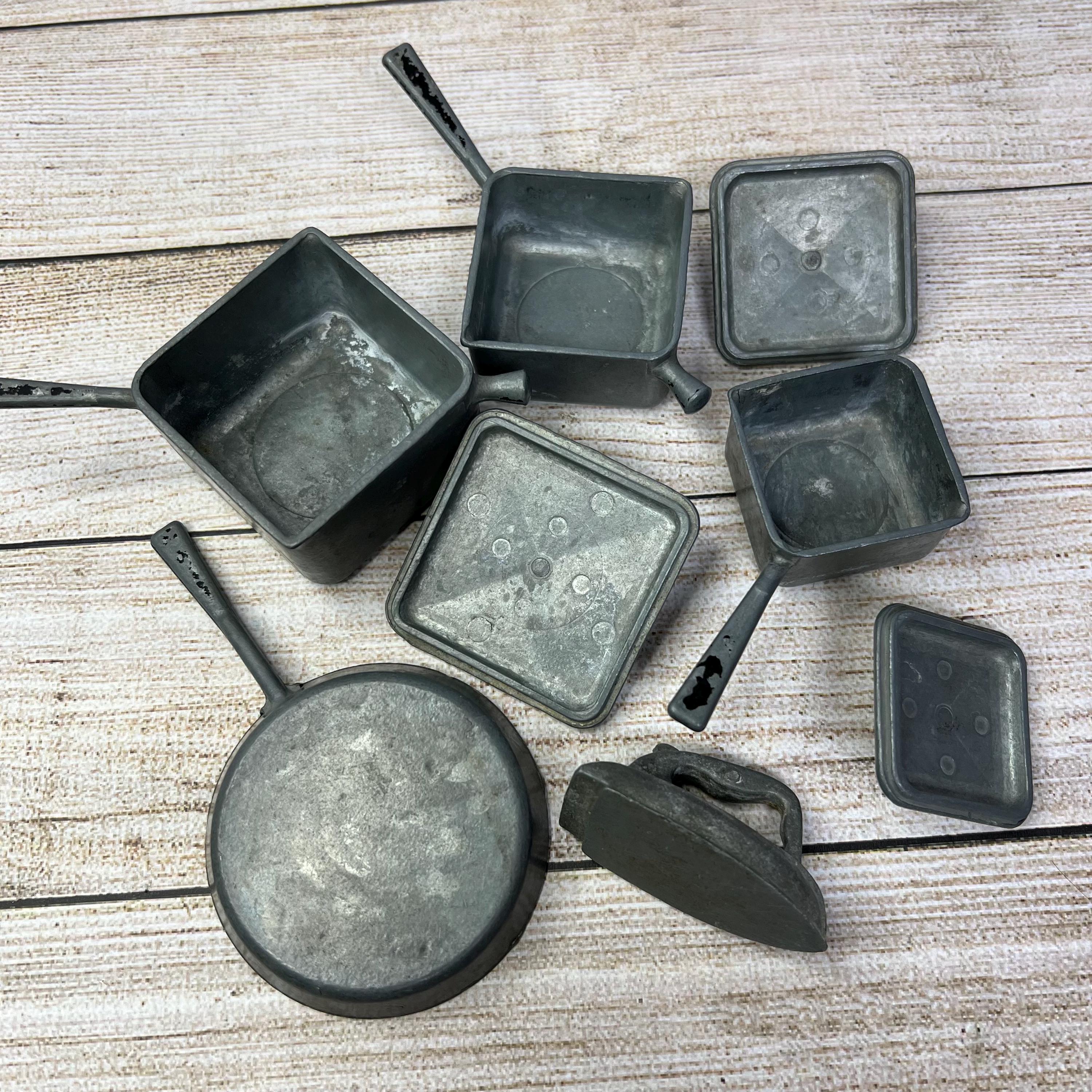 Vintage Set Miniature Cookware, Metal Square Saucepans