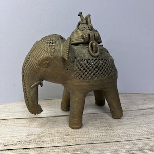 Vintage Bronze Metal Elephant Figurine, Sculpture or Incense Burner,  Tribal Style, Indian Dhokra?