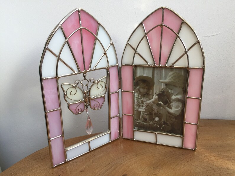 Vintage Stained Glass Photo Frame Arched Window With Hanging Erfly Pink White Silver Metal Edging