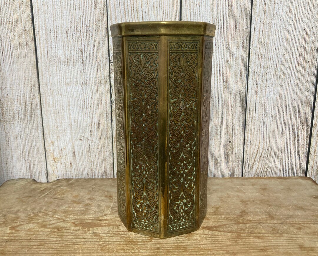 Vintage Kinco Engraved Brass Octagonal Spill Vase Etsy