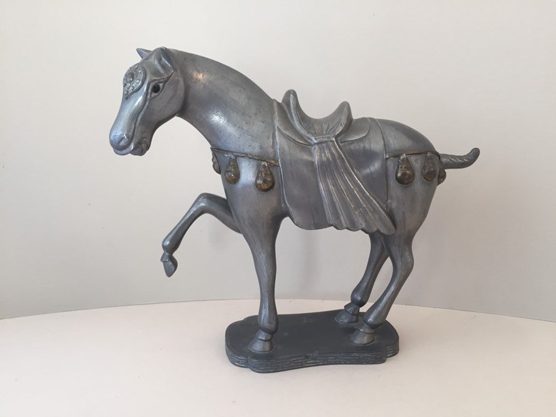 Vintage Chinese Pewter Metal 'tang' Prancing Horse Figurine, Sculpture With Saddle, Golden