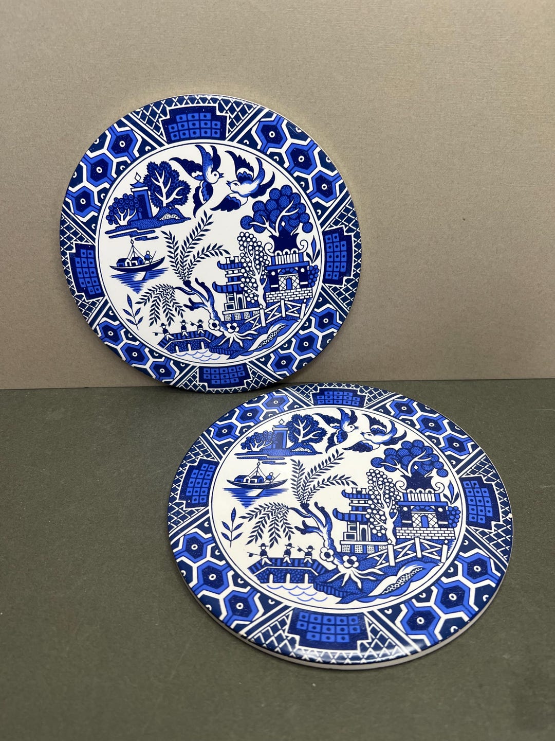 Pair 2 Vintage Blue and White Willow Pattern Ceramic Tile Trivets, H ...