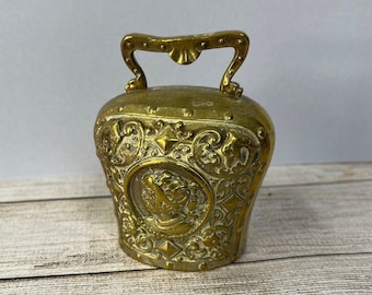 Vintage Cast Brass Bell, Ornate, with Rococo Warriors in Relief