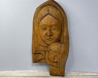 Vintage Hand Carved Wooden Virgin Mary & Child Wall Hanging S