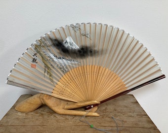 Vintage Hand Painted Japanese Fan, Mt Fuji, with Character Marks, Silk, Bamboo, Lacquer