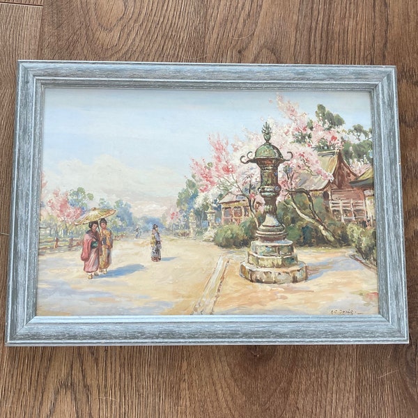 Aquarelle originale vintage, Scène japonaise, Dames et fleurs de cerisier, Signé AC Craig