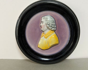 Antique Majolica Plaque, Gentleman in Yellow in Mauve Ground, C Ltd, England, John Wesley?