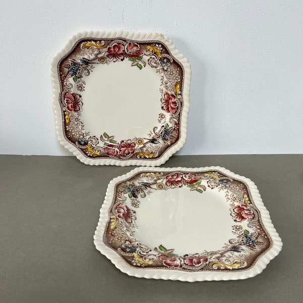 Pair 2 Devonshire, Johnson Bros England Square Tea Plates, ‘A Genuine Hand Engraving’