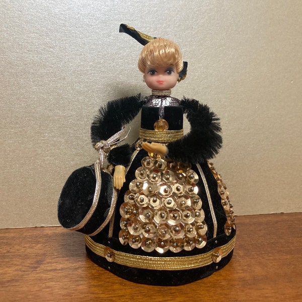 Vintage Mid Century Pinflair Doll, Black and Gold Crinoline Lady with Vanity Case, Sequin Art on Styrofoam