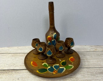 Vintage Japanese Miniature Hand Painted Wooden Sake Set, with Tray