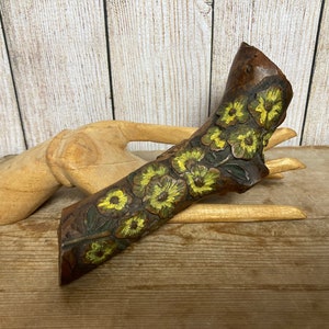 Vintage Hand Carved Wooden Curio, Branch with Painted Yellow Flowers