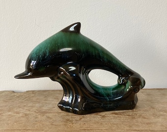 Vintage Blue Mountain Pottery Leaping Dolphin Figurine, Blue Green Glaze