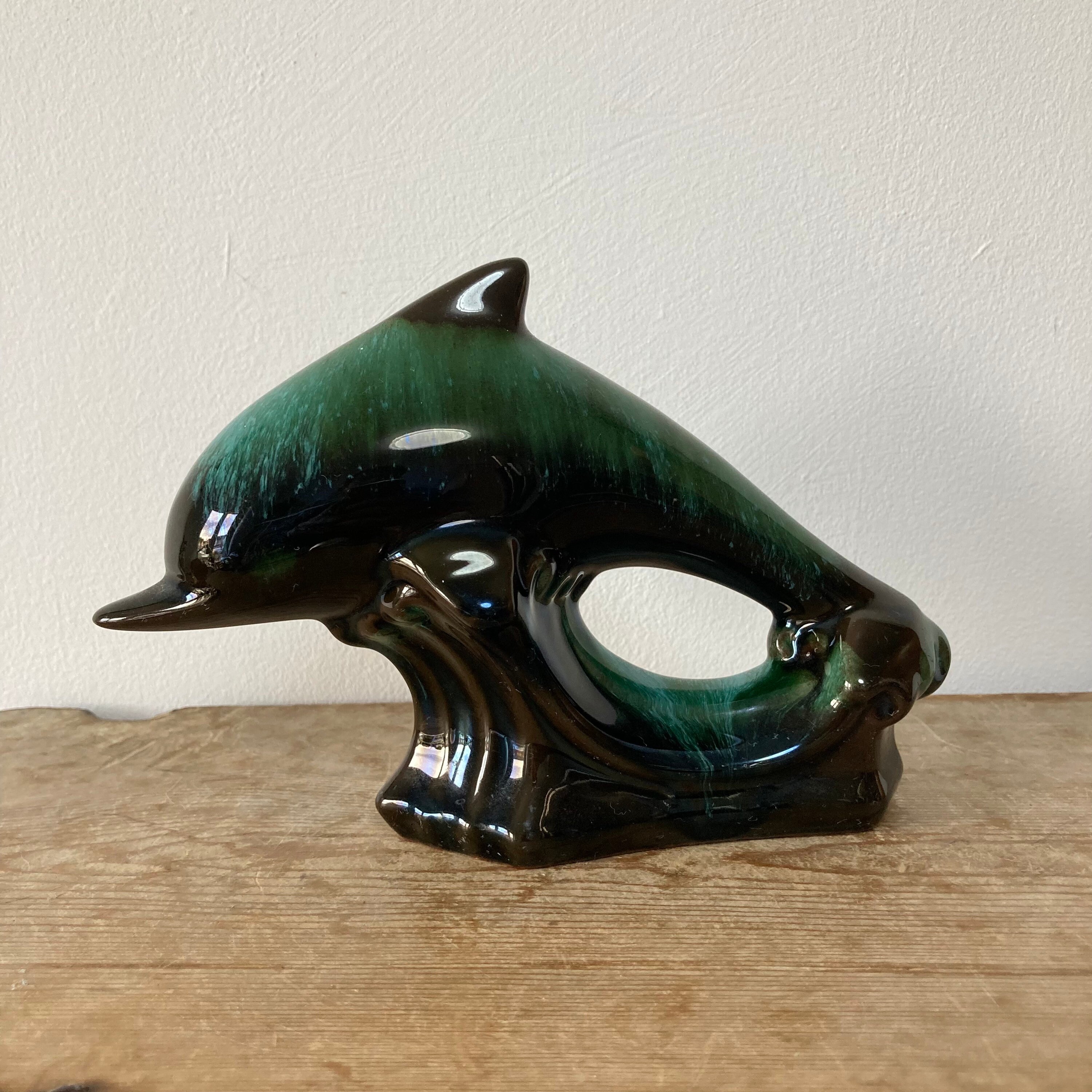 Vintage Blue Mountain Pottery Leaping Dolphin Figurine, Blue Green