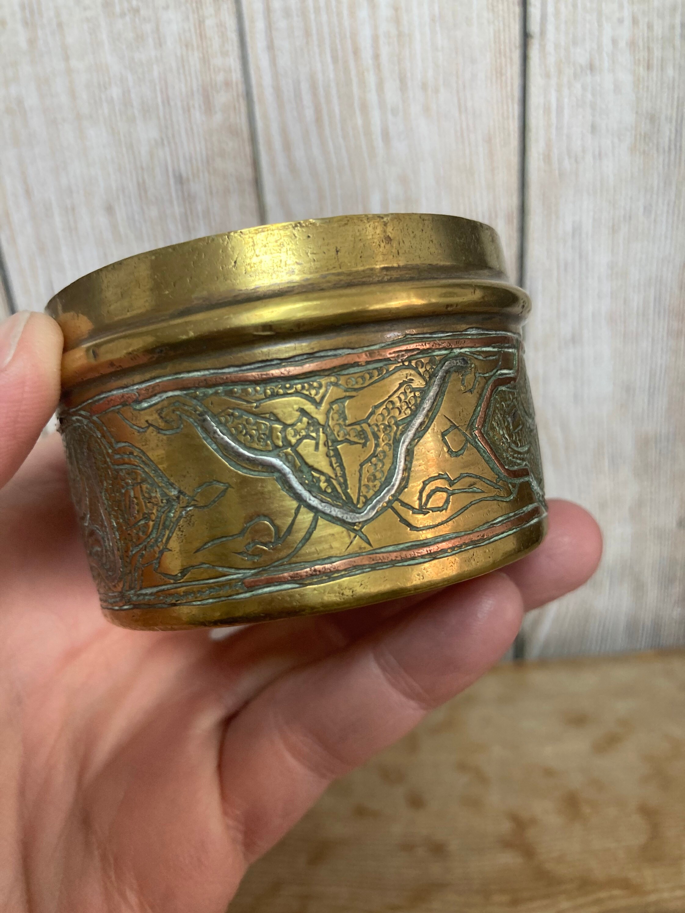 Vintage Cairo Ware Circular Brass Trinket Box, Inlaid Silver