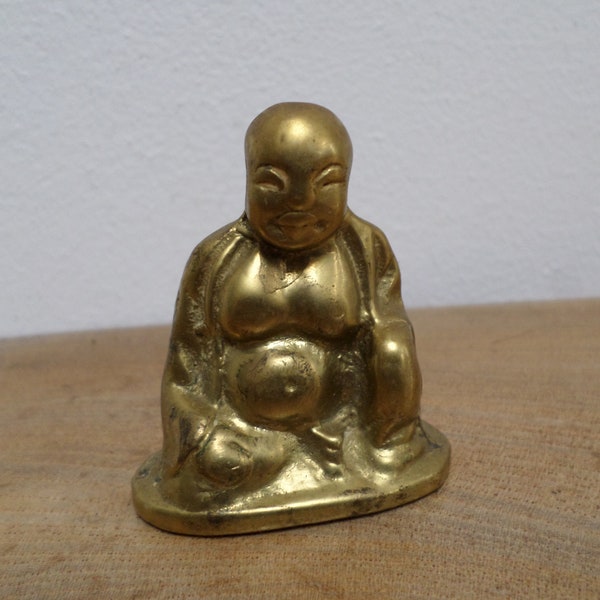 Vintage Oriental, Chinese Brass Laughing Happy Buddha, Hotei Figurine - plump and cheery, very tactile. nicely detailed